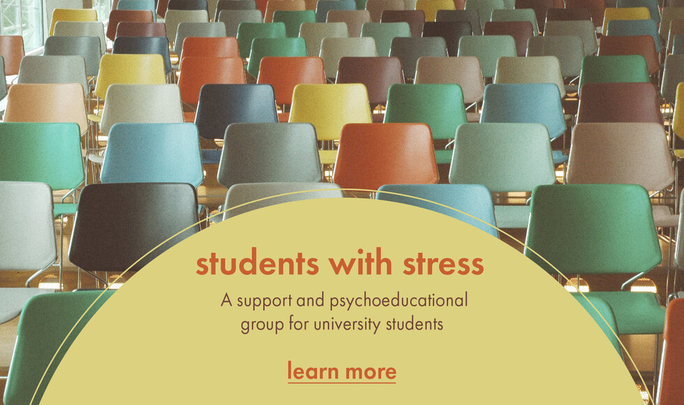 Image of colourful chairs in a classroom text reads "students with stress learn more"